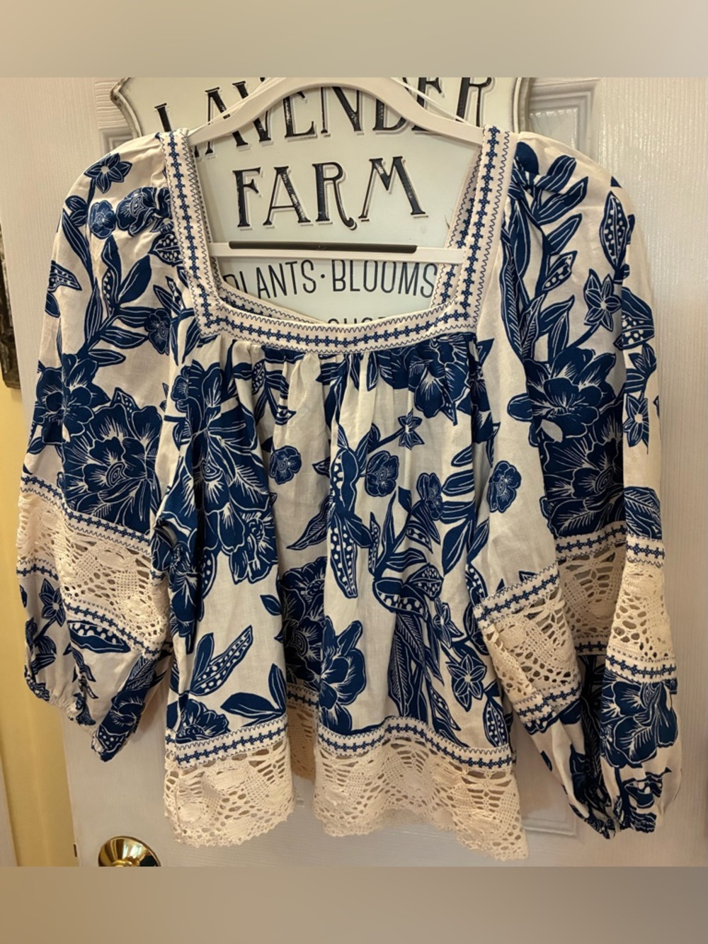 Christian Siriano Blue and Cream Floral Crochet Peasant Top - Picture 2 of 12